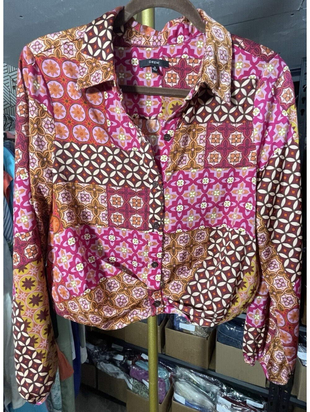 Drew Cropped Multicolor Patch Work Collared Button Front Long sleeve Blouse S